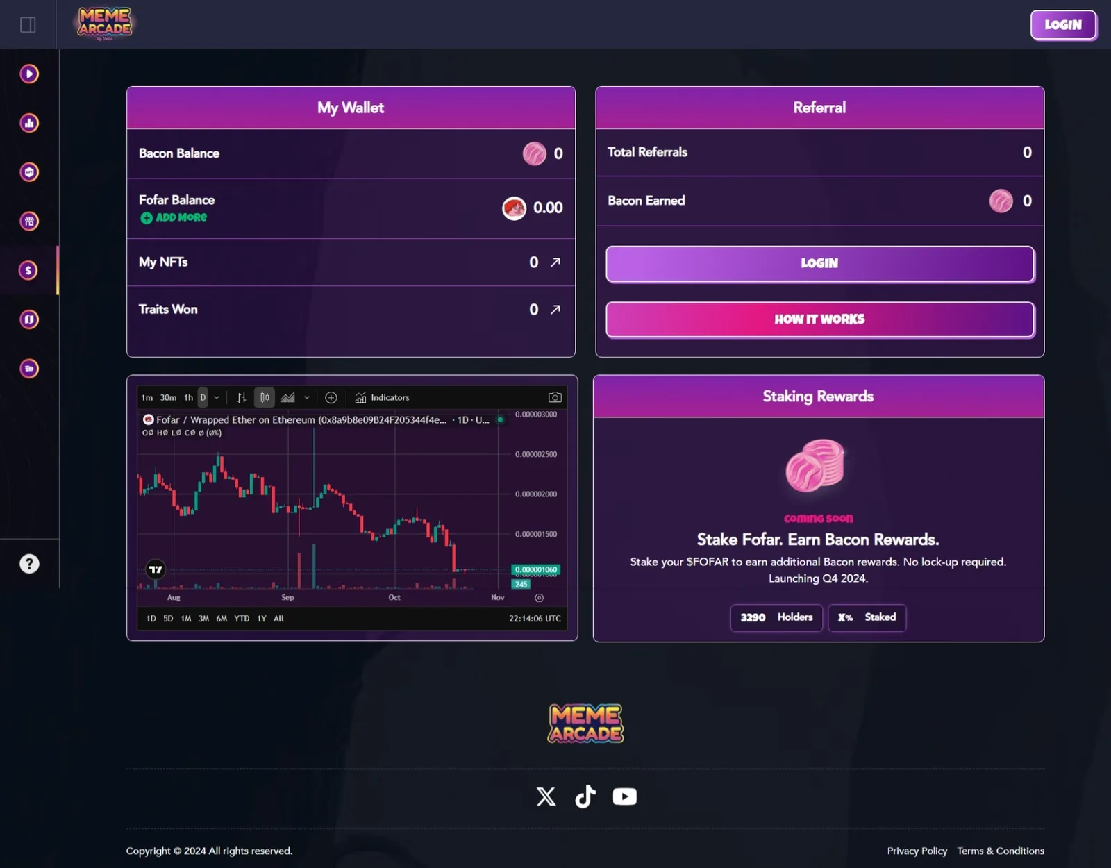 Wallet page pairing Bacon and Fofar balances and a referral panel with a candlestick price chart and a staking rewards card