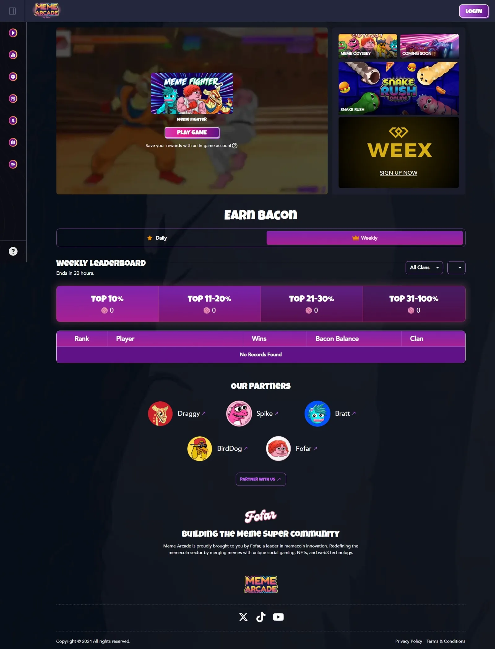 Game launch page: a Meme Fighter play panel over fighting gameplay, a WEEX sponsor tile and an empty weekly leaderboard