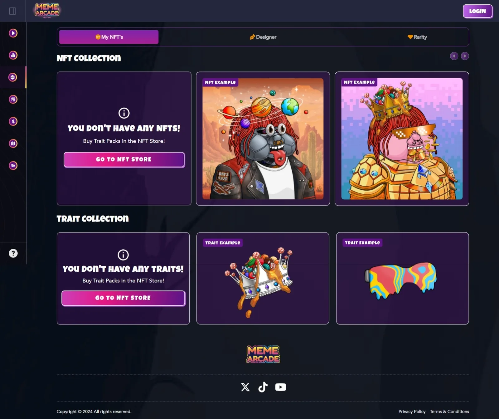 NFT locker with My NFT's, Designer and Rarity tabs, empty collection prompts, and example character and trait cards
