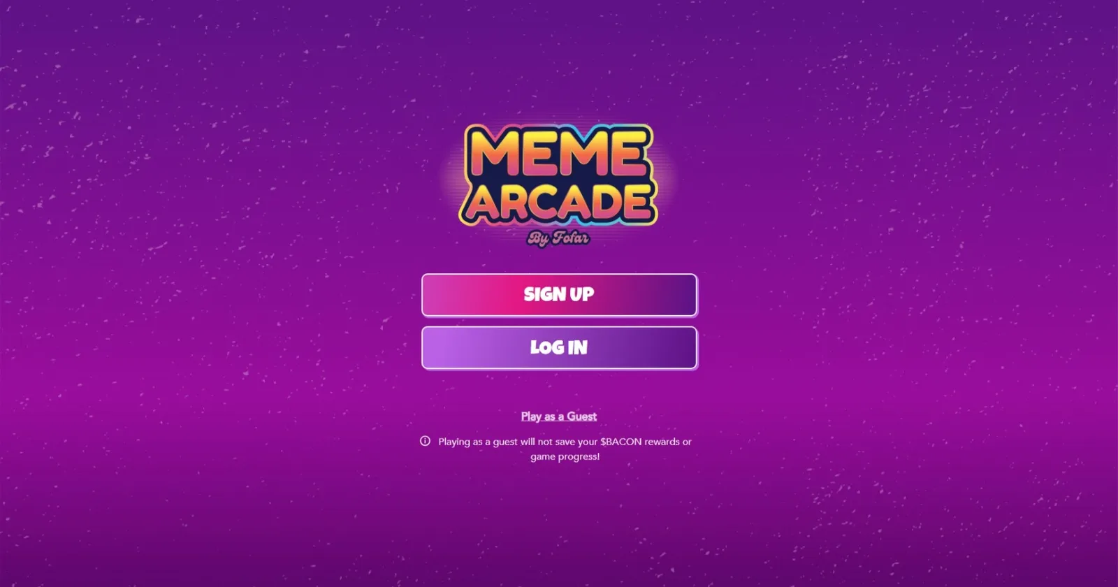 Purple entry splash with the arcade logo, Sign Up and Log In buttons, and a Play as a Guest link warning about lost rewards