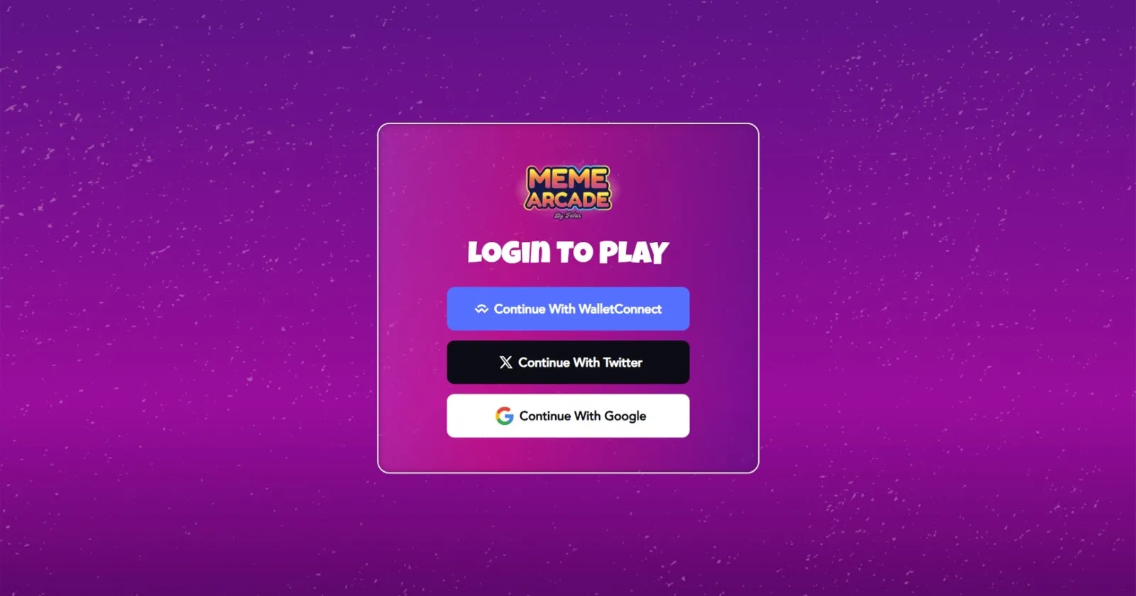 Login to Play modal offering Continue With WalletConnect, Twitter or Google buttons over a purple gradient backdrop