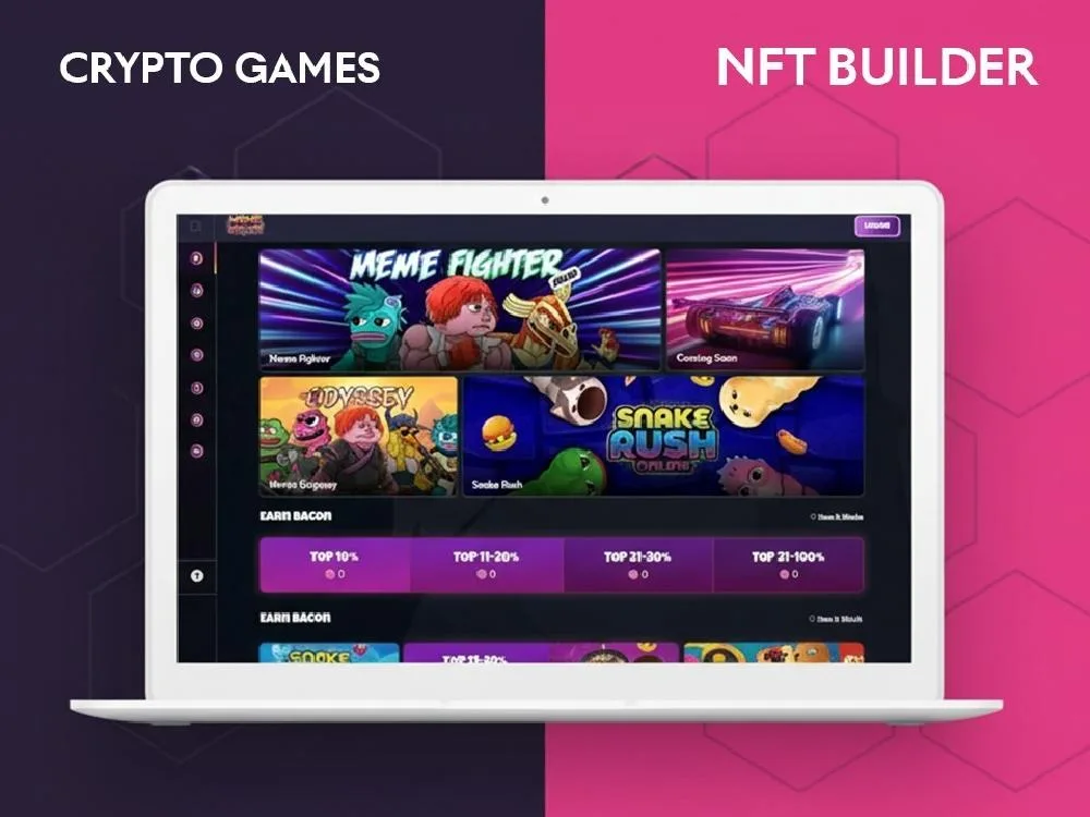 Split navy and pink promo card with a laptop showing a game lobby, labelled CRYPTO GAMES and NFT BUILDER