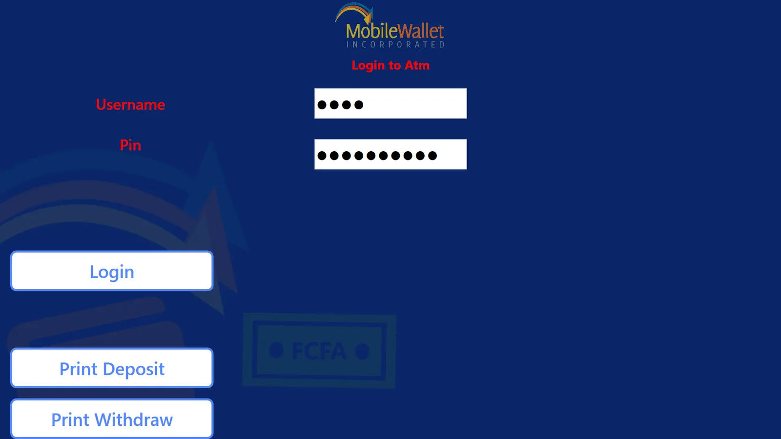 Kiosk login form with masked Username and Pin fields plus Login, Print Deposit and Print Withdraw buttons on navy