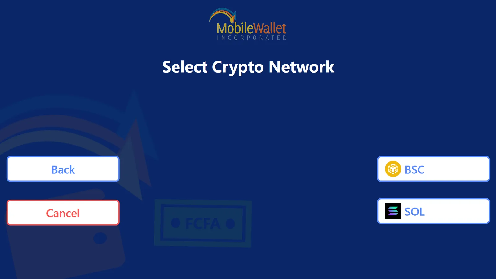 Network selection screen offering BSC and SOL chain buttons on the right, with Back and red Cancel controls on the left