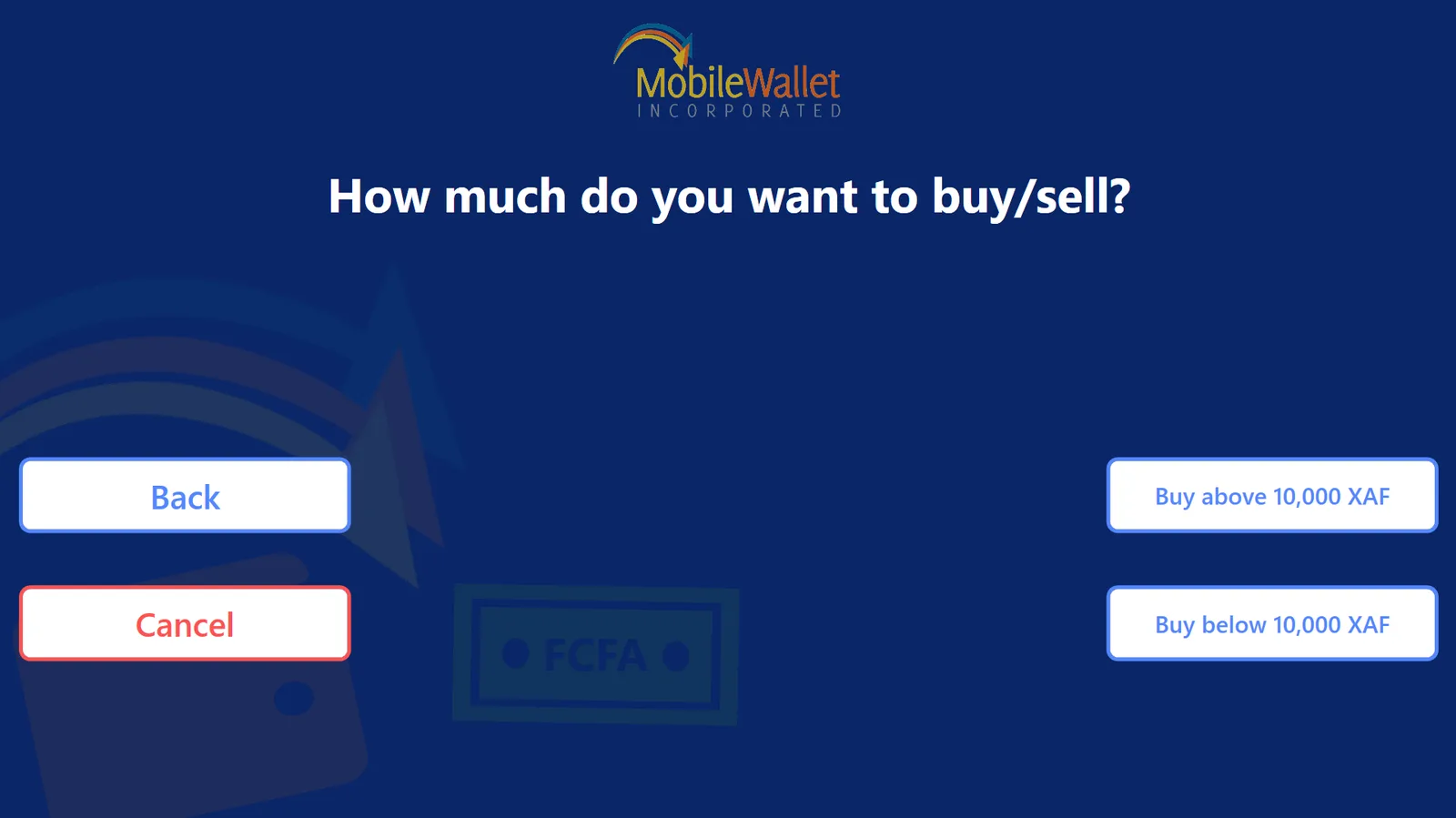 Threshold prompt How much do you want to buy/sell? offering Buy above 10,000 XAF and Buy below 10,000 XAF options