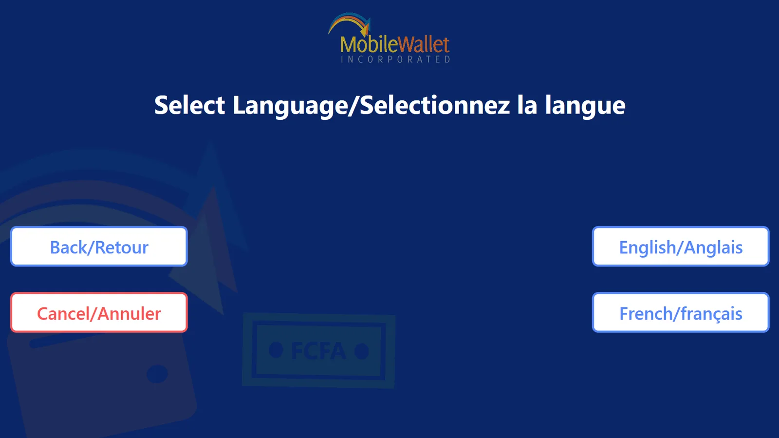 Language chooser headed Select Language/Selectionnez la langue offering English/Anglais and French/francais beside Back and Cancel
