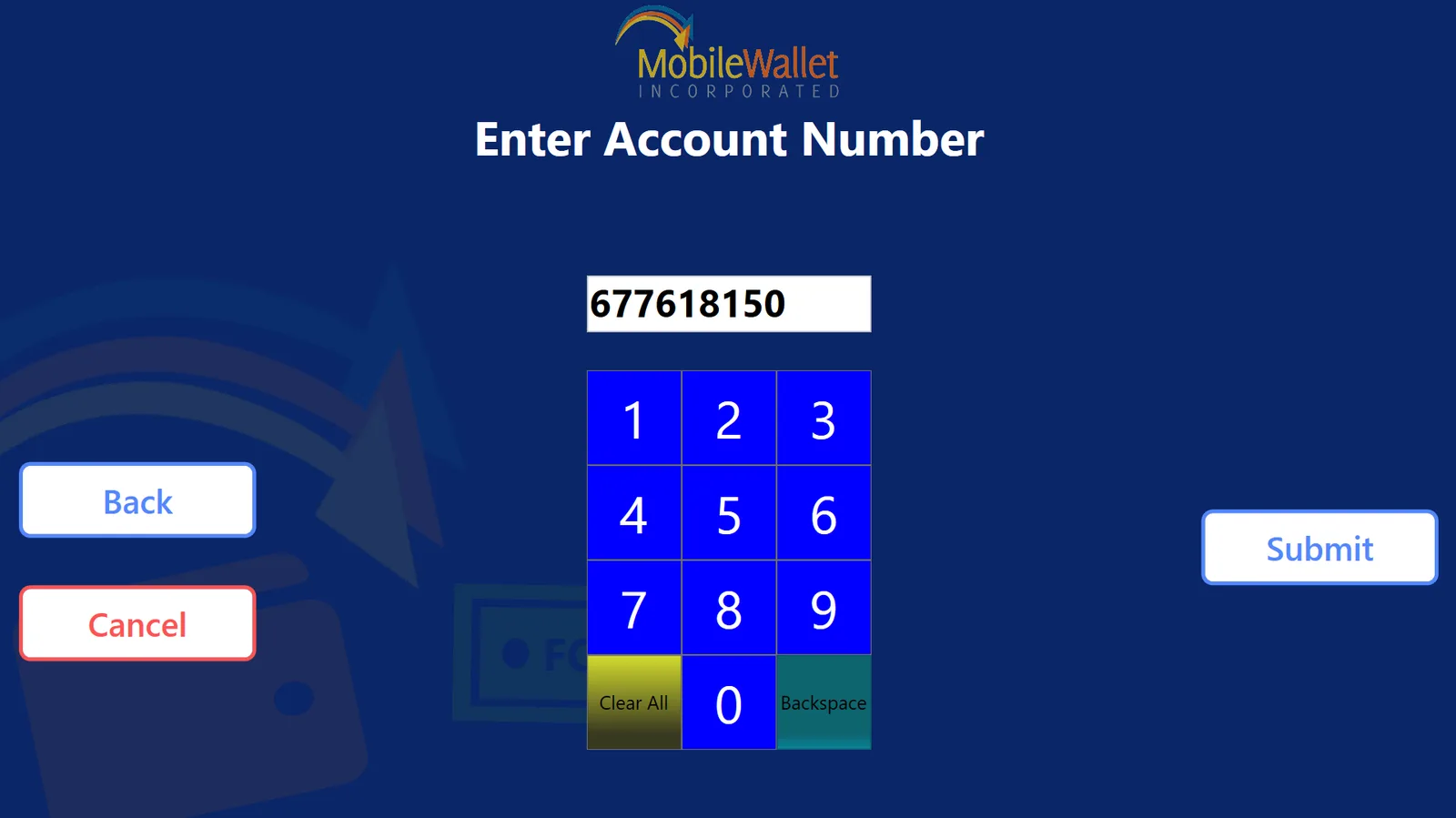 Account-number entry step: a filled input above a blue numeric keypad with Clear All and Backspace keys, plus a Submit button