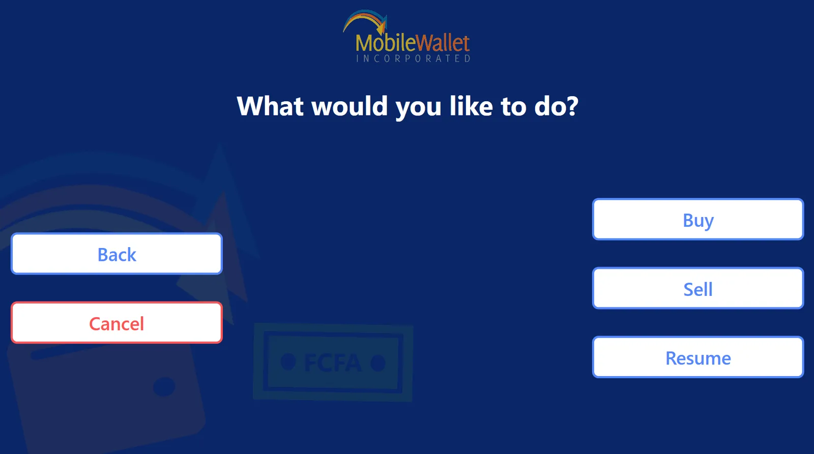 Transaction choice screen asking What would you like to do? with Buy, Sell and Resume options opposite Back and Cancel