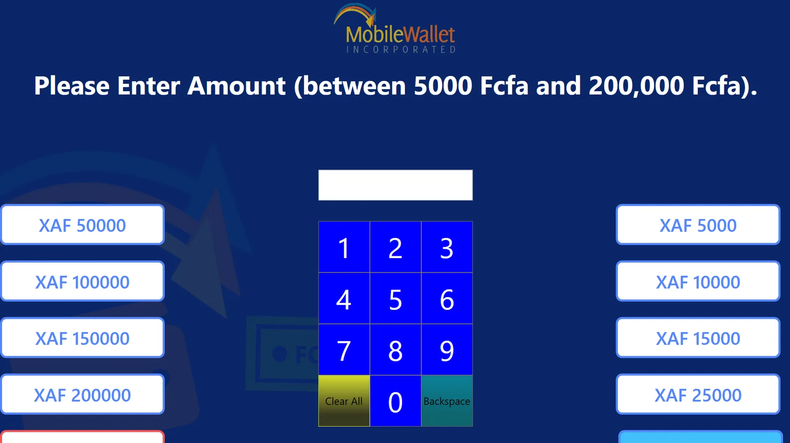Cash amount step limited to 5000-200,000 Fcfa, with XAF preset tiles flanking a numeric keypad and an empty amount field