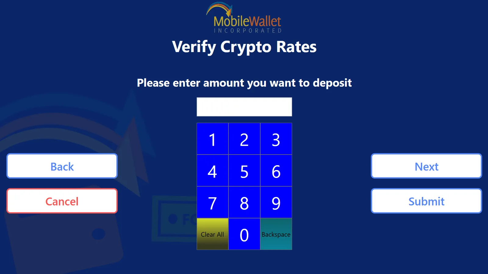 Verify Crypto Rates deposit step prompting for a deposit amount over a numeric keypad, with Next and Submit actions at right
