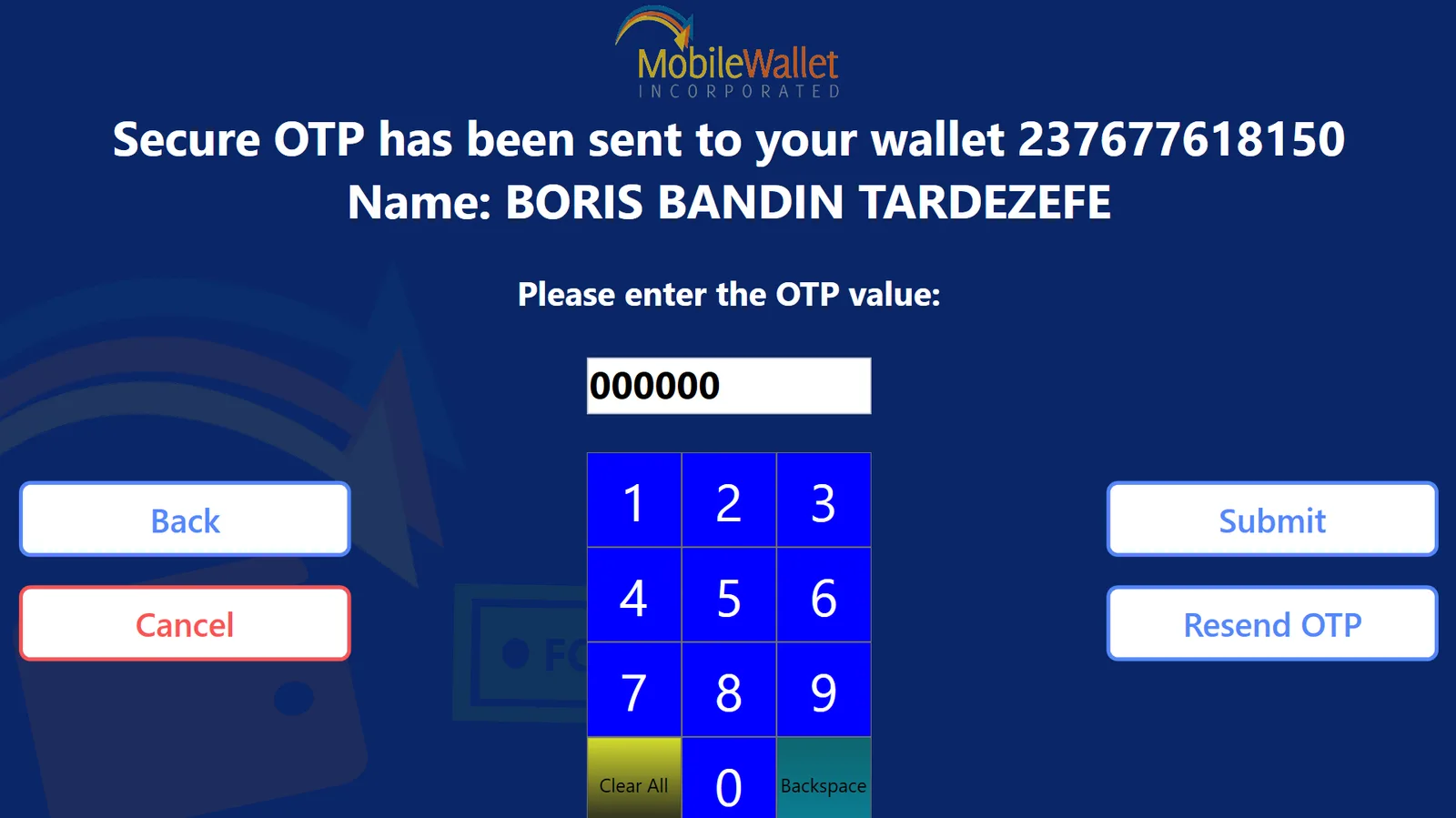One-time-passcode step confirming an OTP was sent to the customer wallet, with a six-digit field, keypad, Submit and Resend OTP