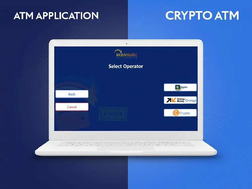 Laptop mockup of a navy "Select Operator" kiosk screen; banner text reads ATM APPLICATION and CRYPTO ATM