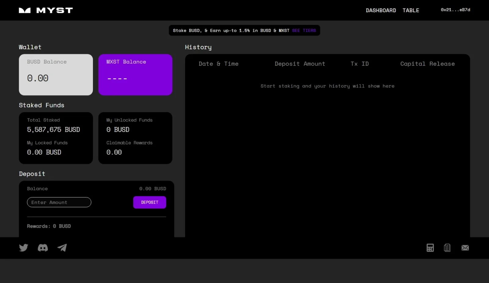 Dark staking dashboard with Wallet BUSD and MXST balance cards, Staked Funds totals, a Deposit amount field, and an empty History table