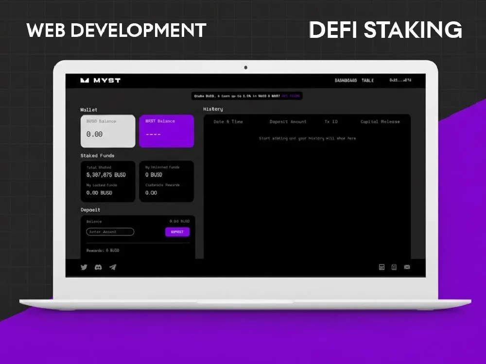 Cover card labelled WEB DEVELOPMENT and DEFI STAKING, showing a laptop running a dark purple staking dashboard
