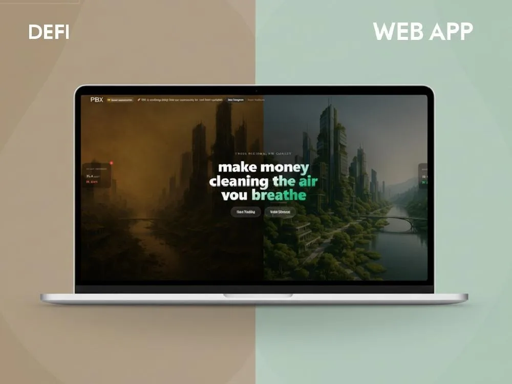 Laptop mockup on split tan and mint background labelled DEFI and WEB APP, hero reading "make money cleaning the air you breathe"