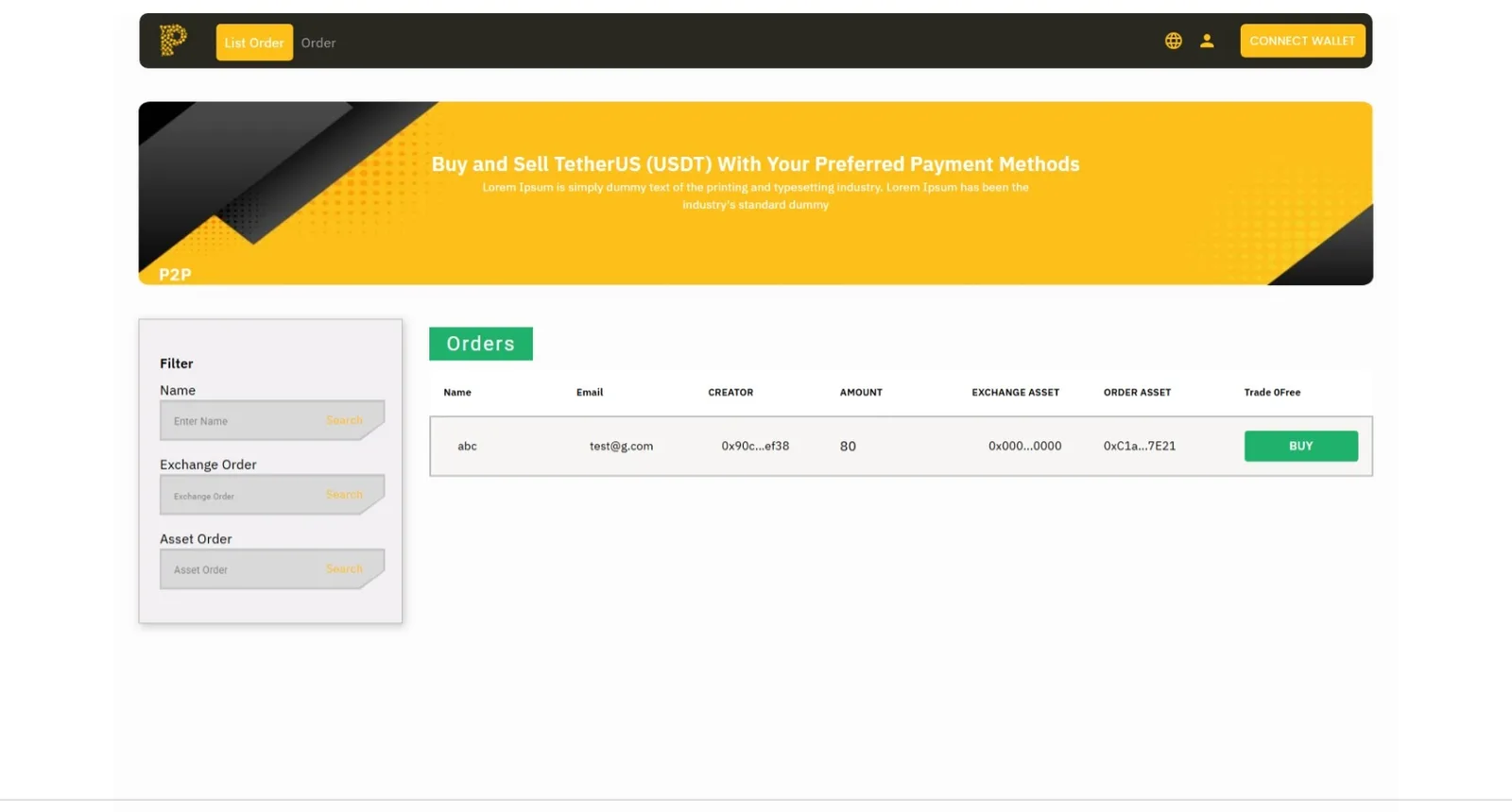 Order board with dark Connect Wallet bar, yellow Buy and Sell TetherUS (USDT) banner, Filter panel, and Orders table with a green BUY button