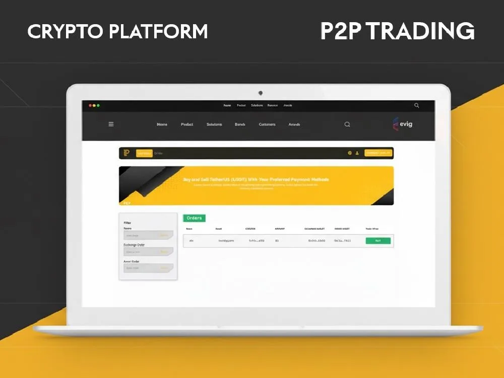 Laptop mockup on black-and-yellow promo art titled CRYPTO PLATFORM and P2P TRADING, showing an order board