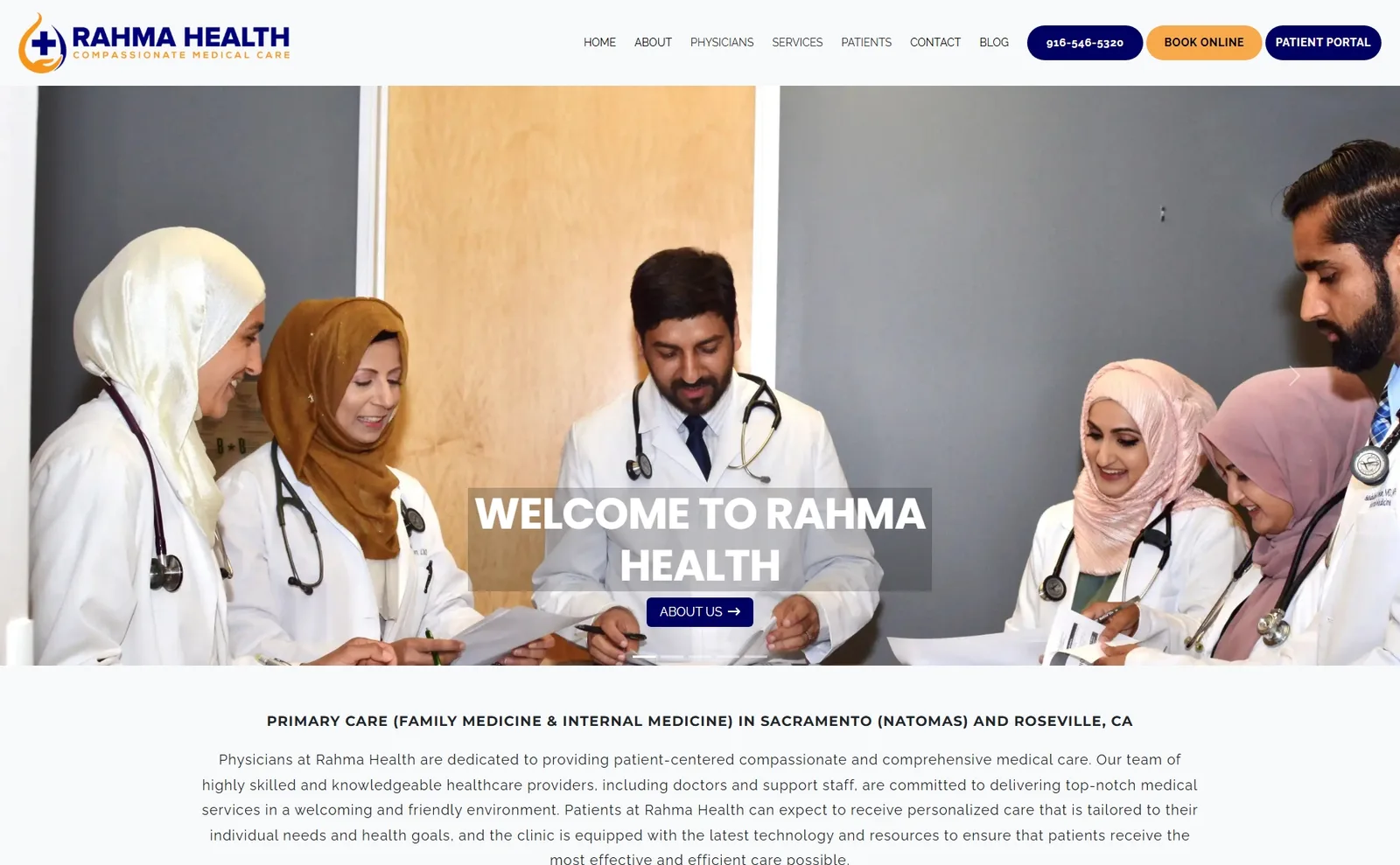 Clinic homepage hero: white nav bar with Book Online and Patient Portal buttons above a doctor team photo and a welcome overlay.