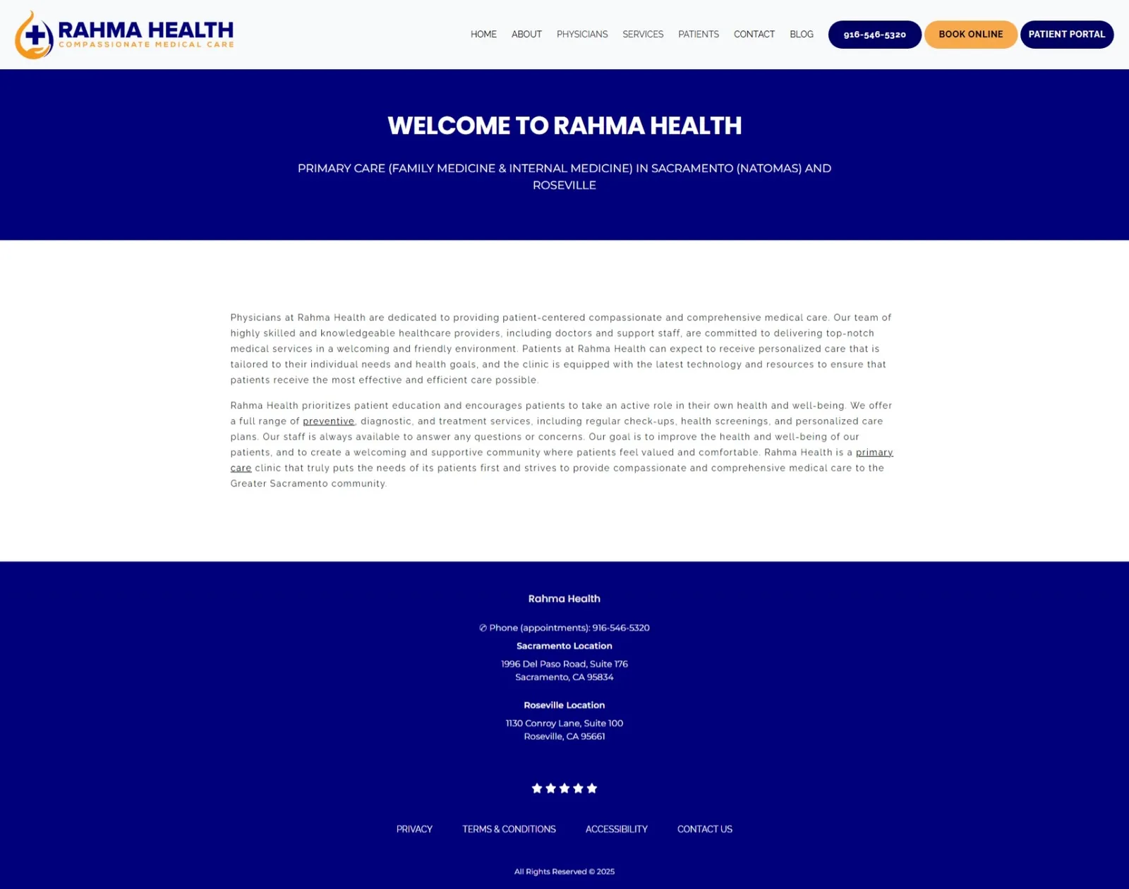 Home page scrolled: navy welcome banner over an intro subhead, two paragraphs of primary-care copy, and a footer listing two clinic locations.