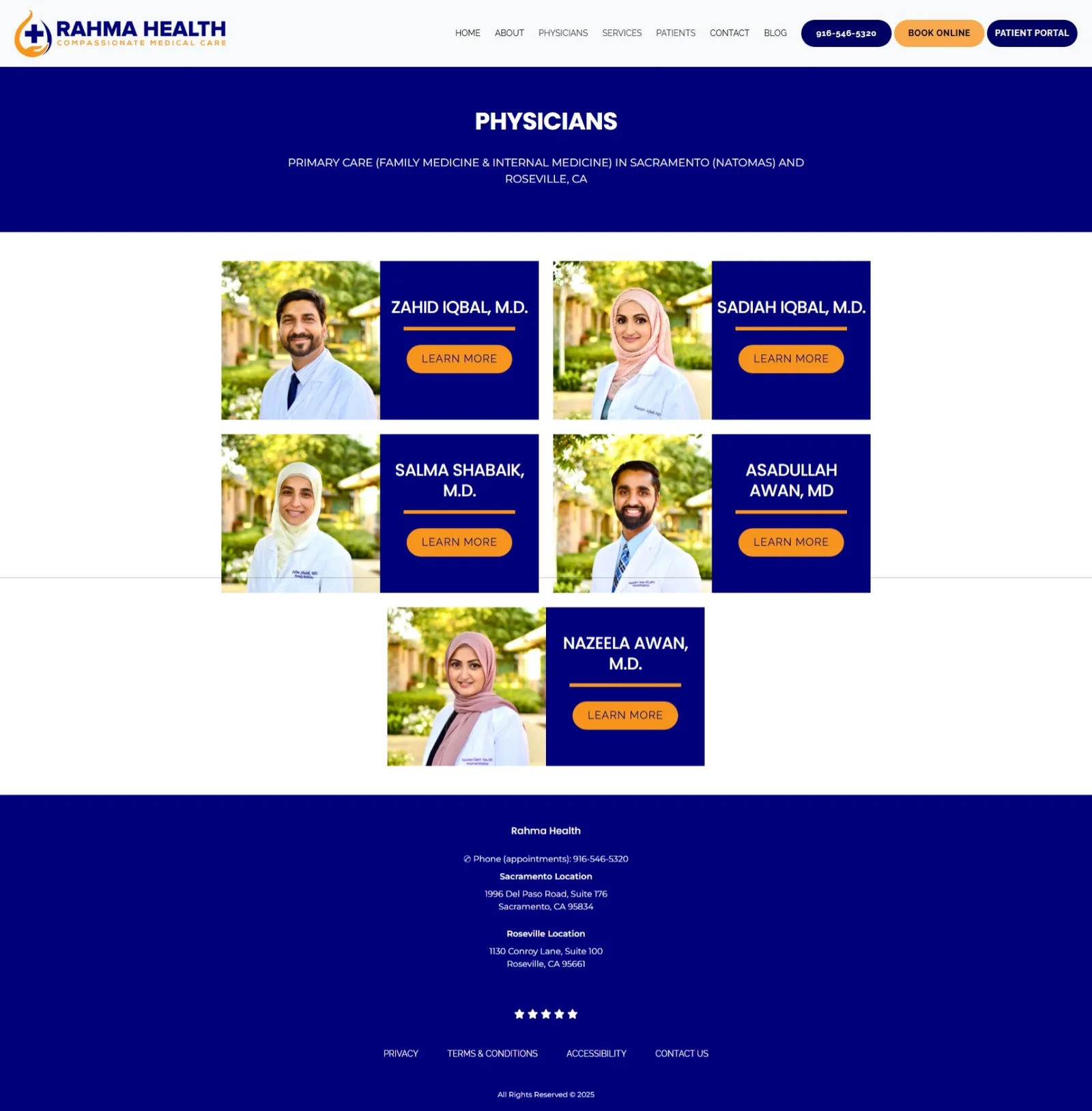 Physicians directory page: five provider cards pairing outdoor headshots with navy name plates and orange Learn More buttons.
