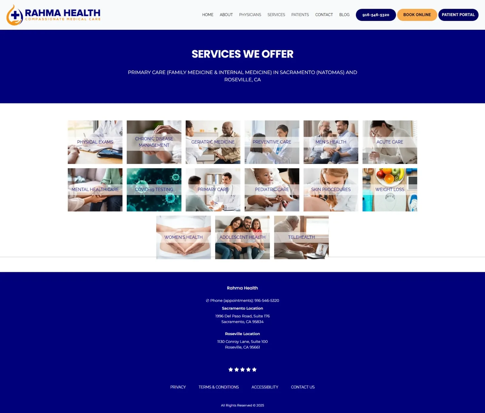 Services page grid of fifteen photo tiles labelled Physical Exams, COVID-19 Testing, Telehealth, Pediatric Care, Weight Loss and more.