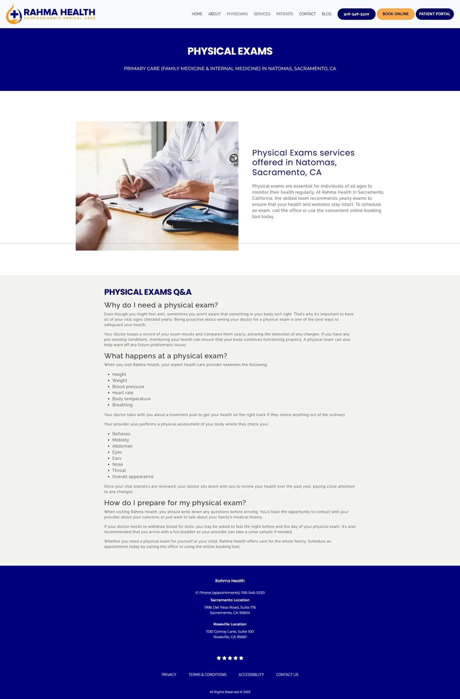 Physical Exams service detail: banner, clinician photo beside intro copy, then a long Q&A section with bulleted vitals and assessment checks.