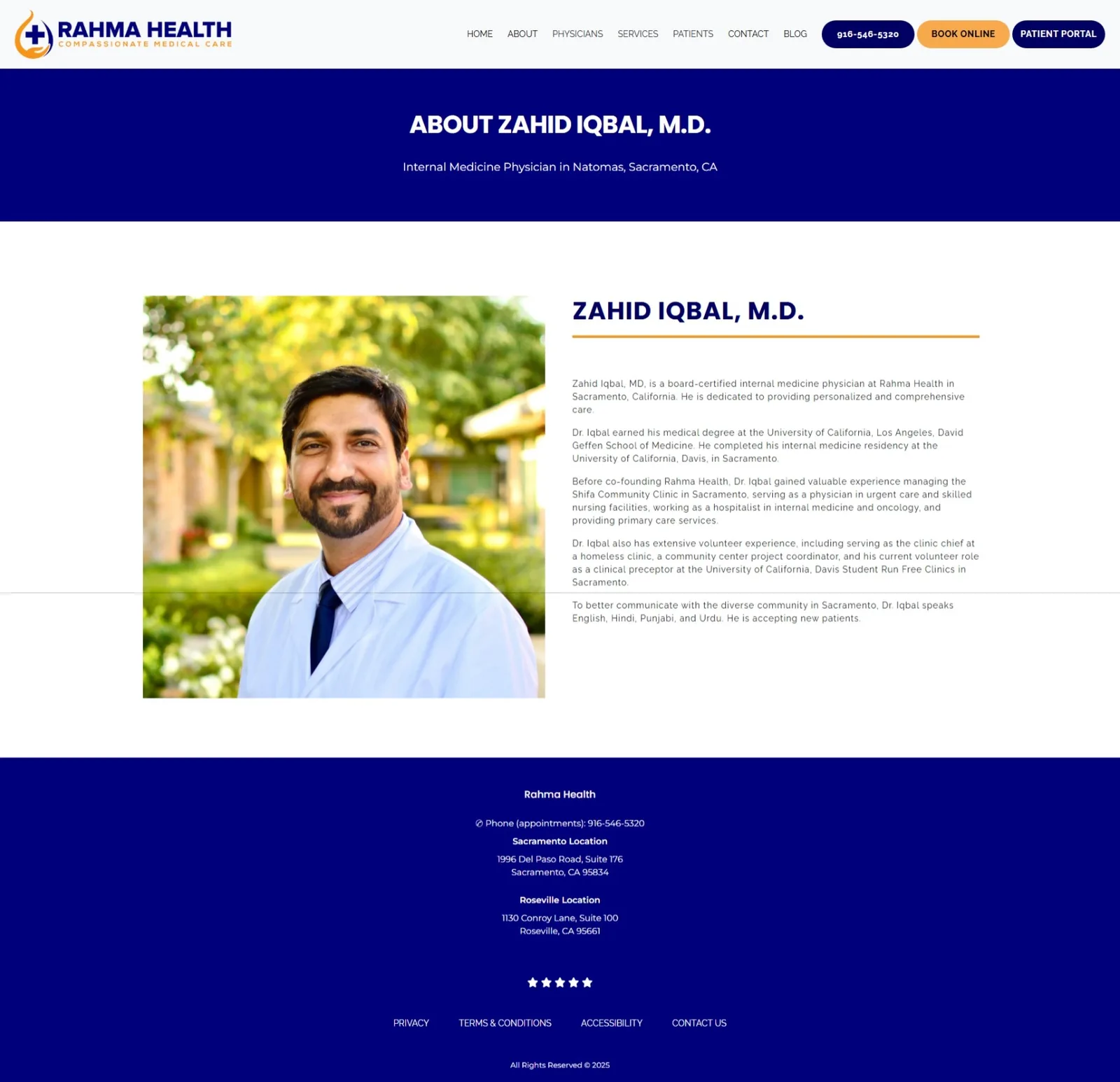 Provider bio page: tall outdoor portrait beside a headed biography covering board certification, residency training and languages spoken.
