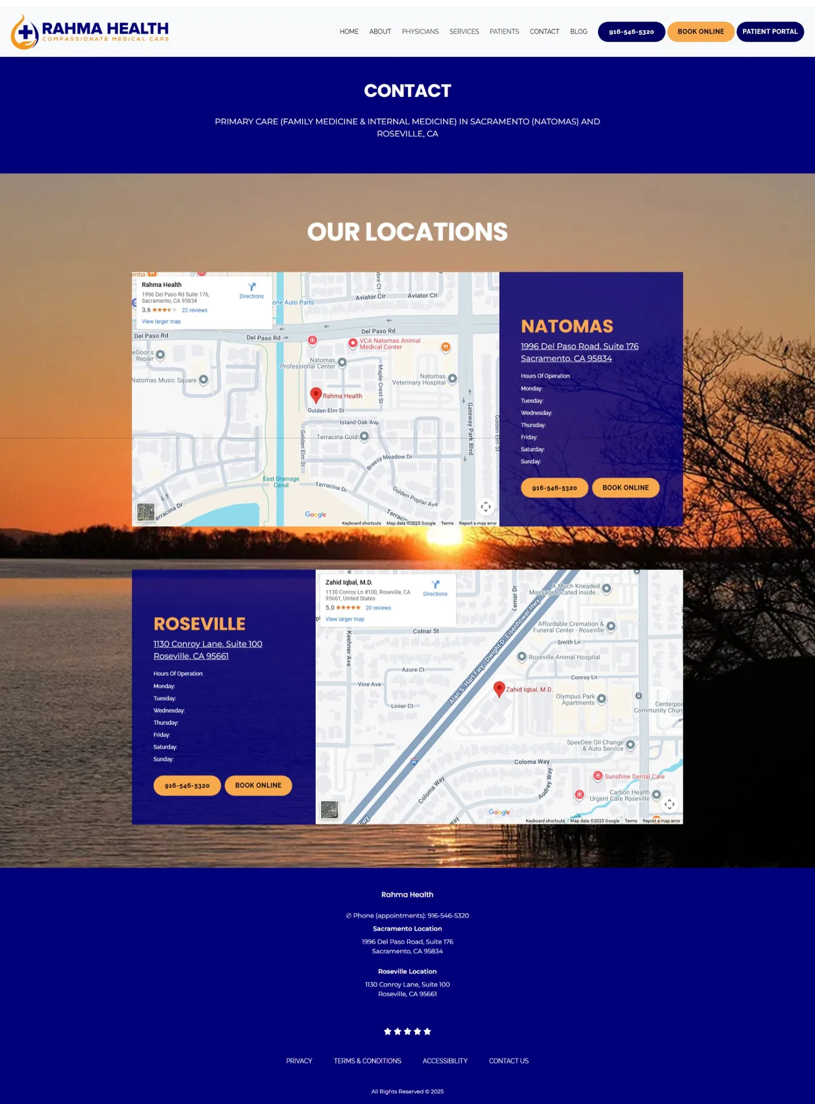 Contact page on a sunset backdrop: two Google Maps embeds paired with Natomas and Roseville cards listing hours, a call button and Book Online.