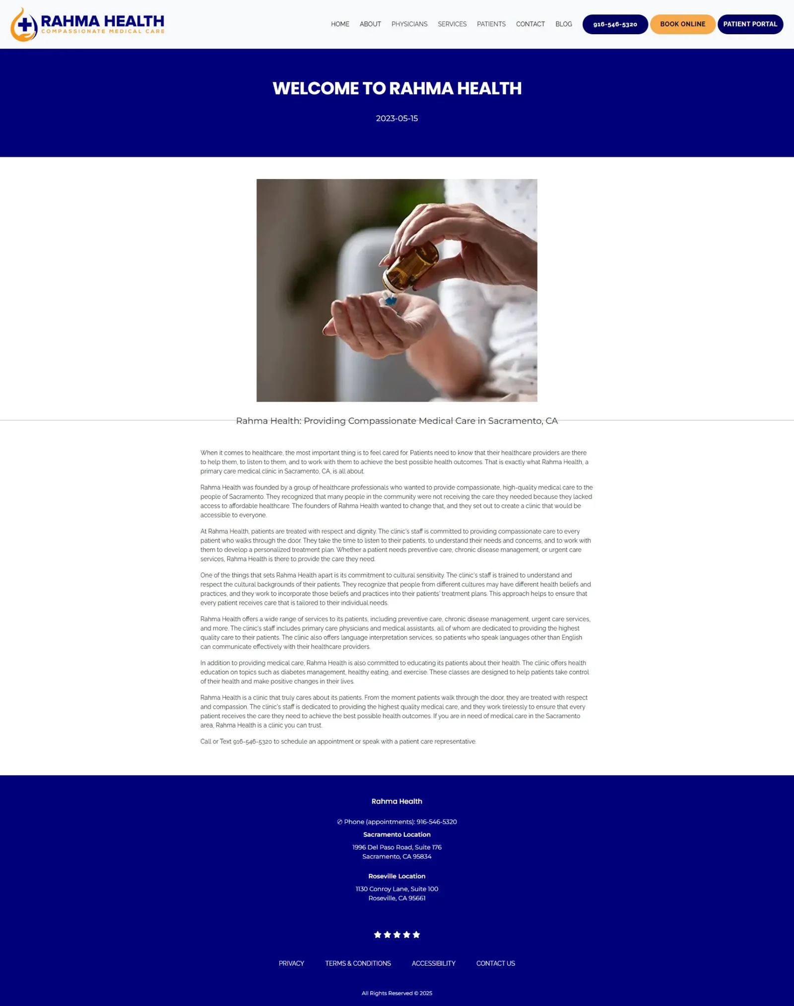 Single blog post view: dated navy title banner, centred photo of pills poured into a hand, and a multi-paragraph article body.