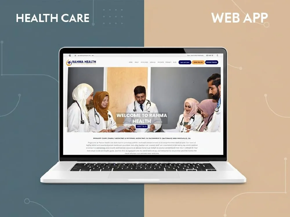 Laptop mockup of a clinic homepage with a doctor team photo, captioned HEALTH CARE and WEB APP