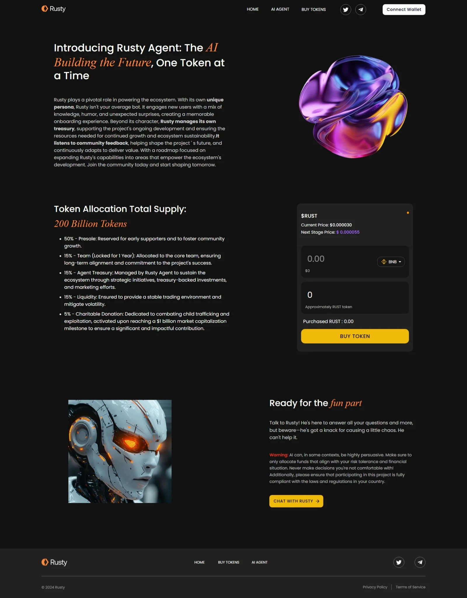 Dark presale landing page with an AI-agent hero, iridescent 3D blob, token allocation percentages, and a $RUST buy widget with BNB selector and yellow Buy Token button