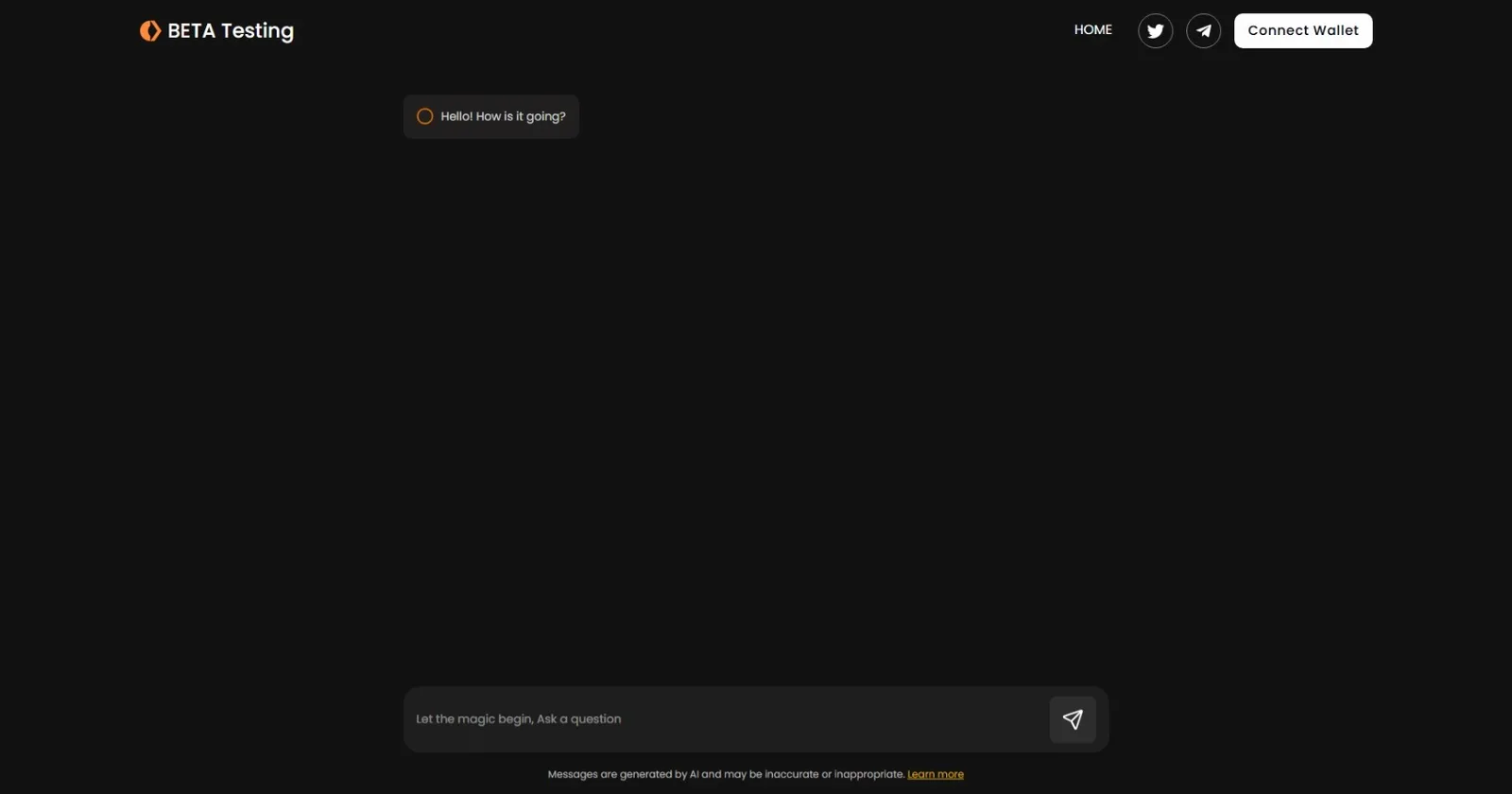 AI chat interface headed "BETA Testing" with a Connect Wallet button, an opening bot message, and an "Ask a question" input above an AI-accuracy disclaimer