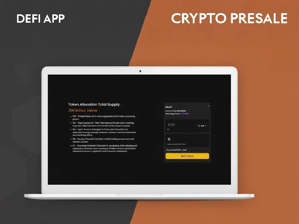 Laptop mockup on a split grey-and-orange cover captioned "DEFI APP" and "CRYPTO PRESALE", showing a dark token allocation page with a buy panel