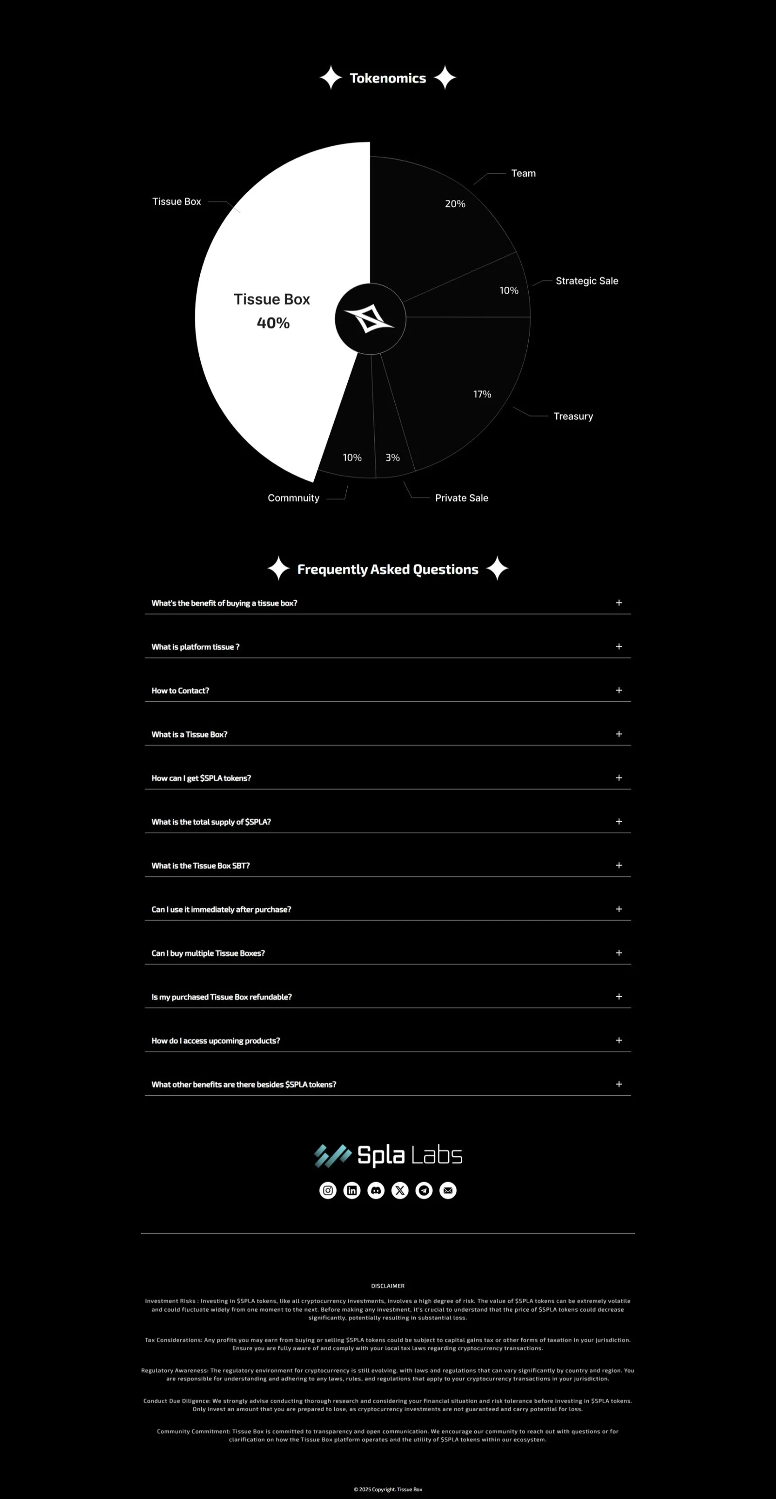 Tokenomics section with a donut chart splitting Tissue Box 40%, Team 20%, Treasury 17%, Community 10%, plus a 12-item FAQ accordion and risk disclaimer