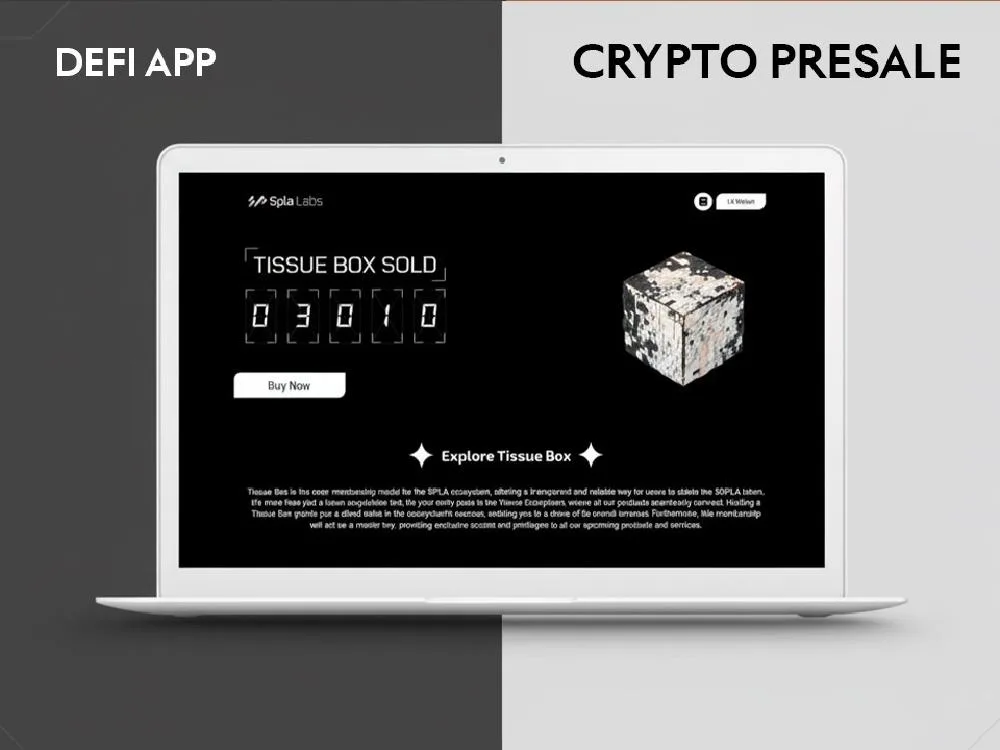 Laptop mockup on split grey background labelled "DEFI APP" and "CRYPTO PRESALE", showing a dark Spla Labs presale page