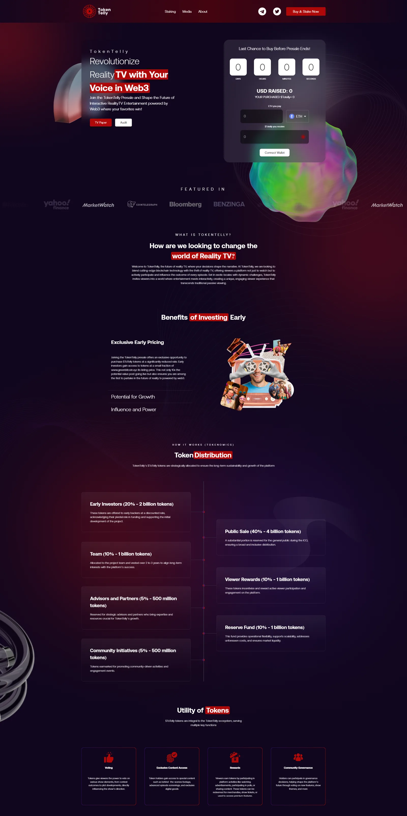 Dark Web3 landing page: hero headline about reality TV, presale countdown and Connect Wallet panel, press logos, tokenomics split cards