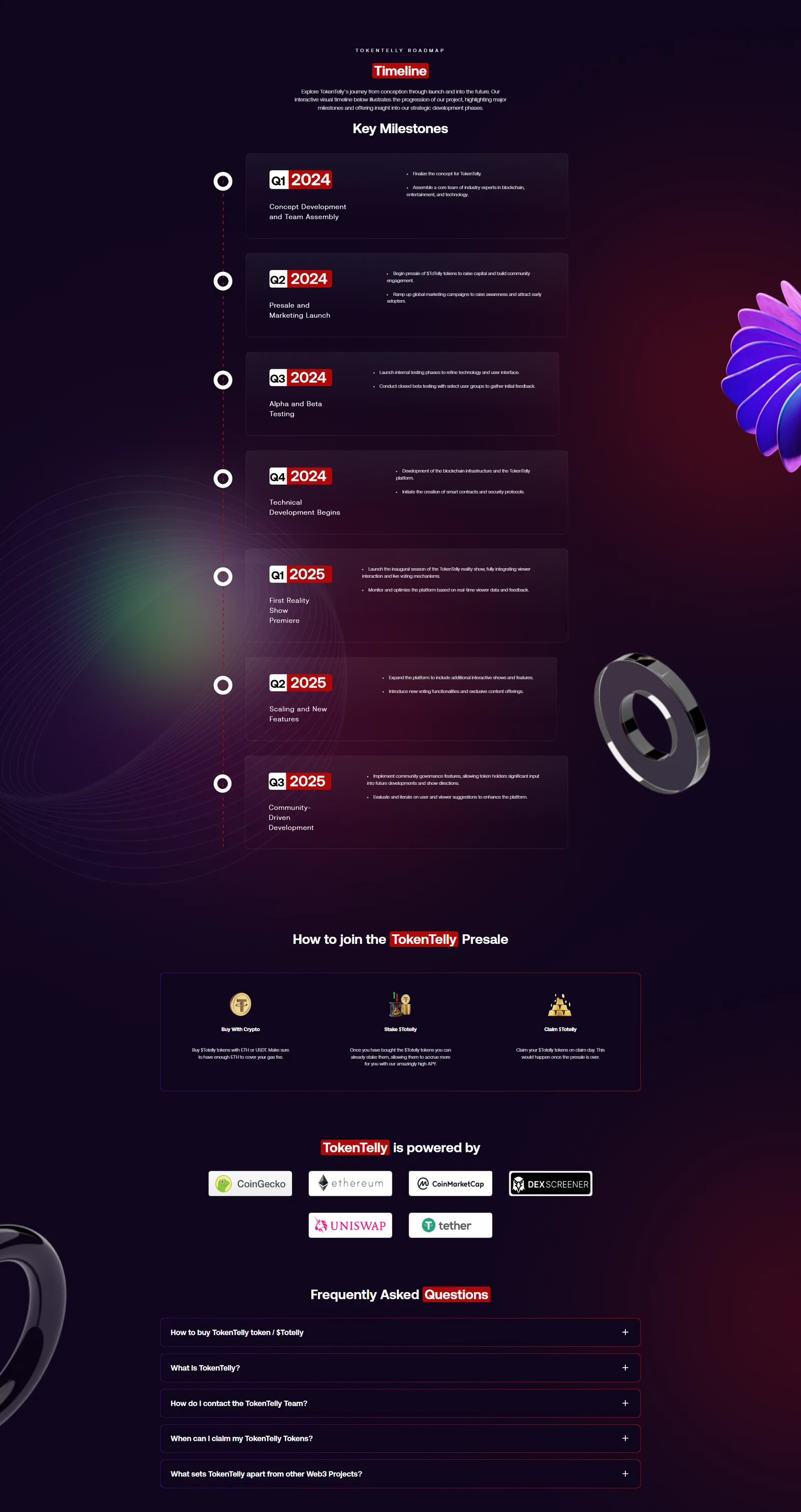 Roadmap timeline of quarterly milestones from Q1 2024 to Q3 2025, presale how-to steps, partner logo row and FAQ accordion