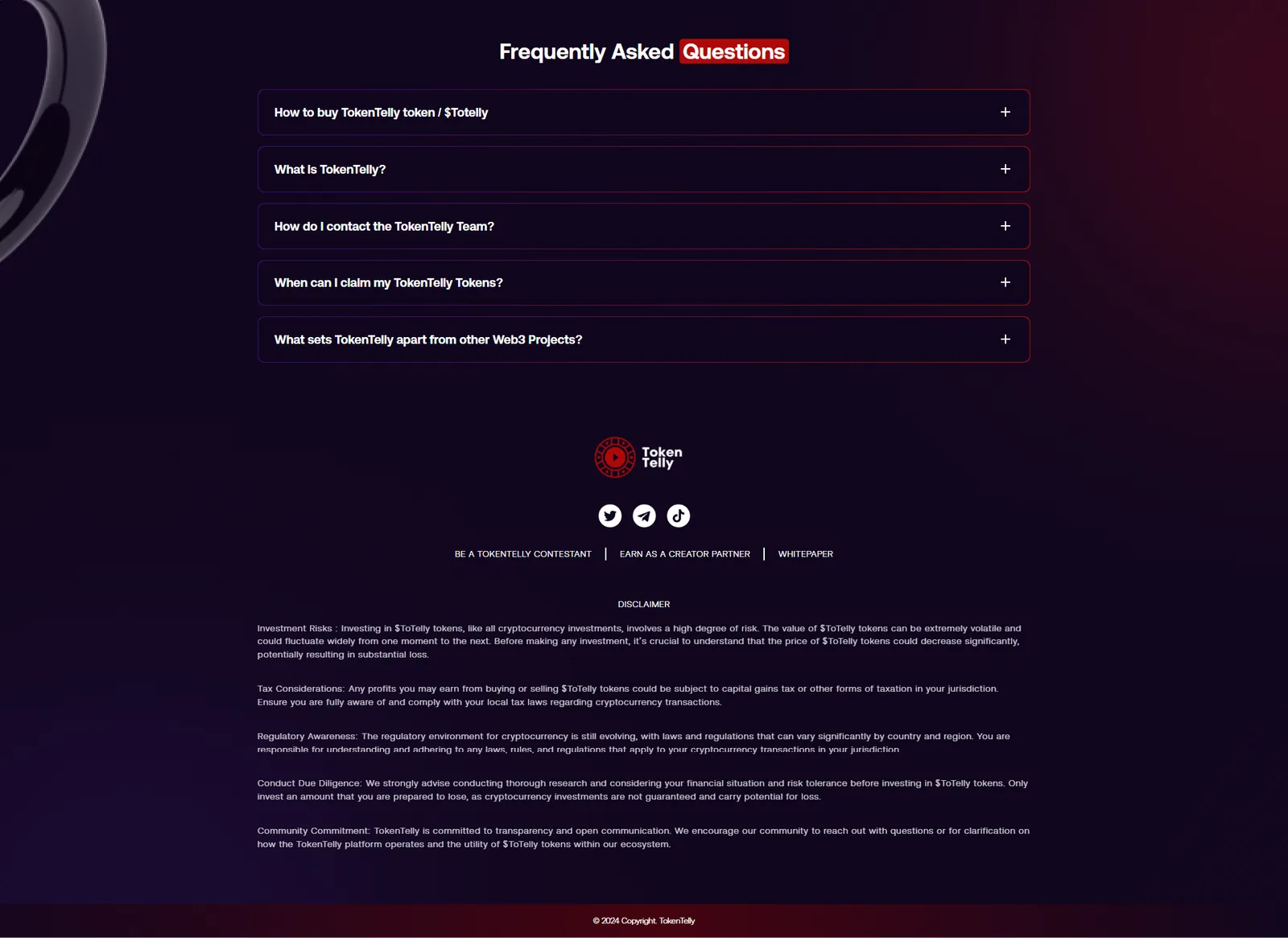 FAQ accordion with five expandable questions above the site footer: brand logo, social icons, and a long investment-risk disclaimer