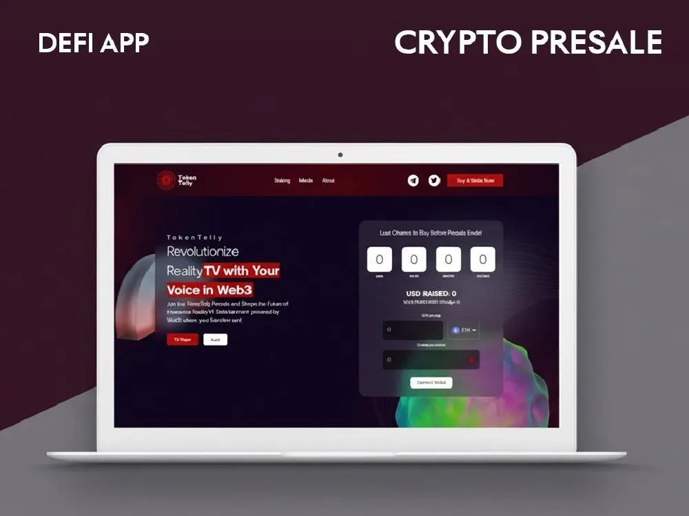 Laptop mockup on maroon backdrop labelled "DEFI APP" and "CRYPTO PRESALE", showing a dark presale landing page