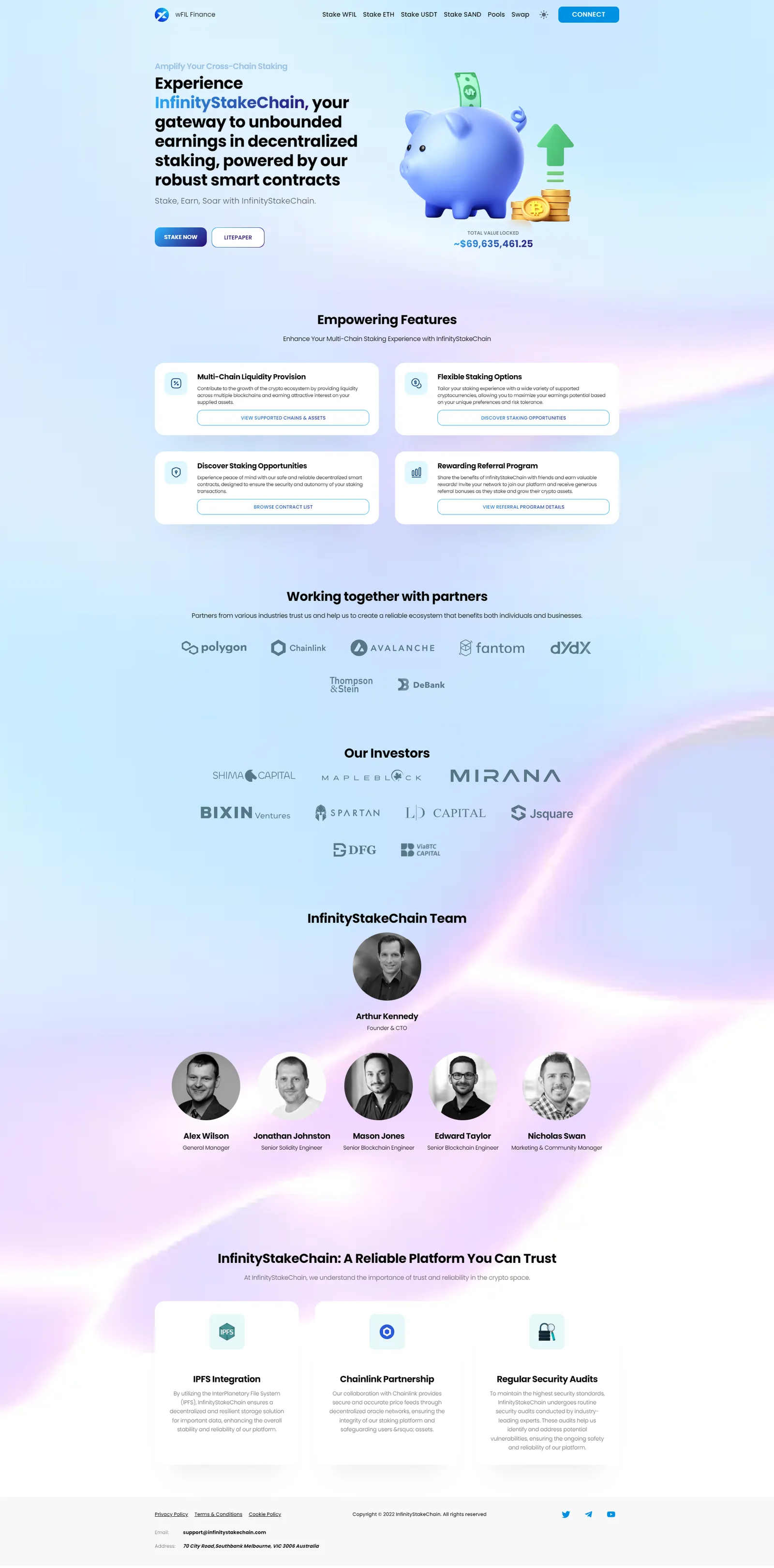 Marketing landing page with a piggy-bank hero and total value locked figure, feature cards, partner and investor logos, and a team grid
