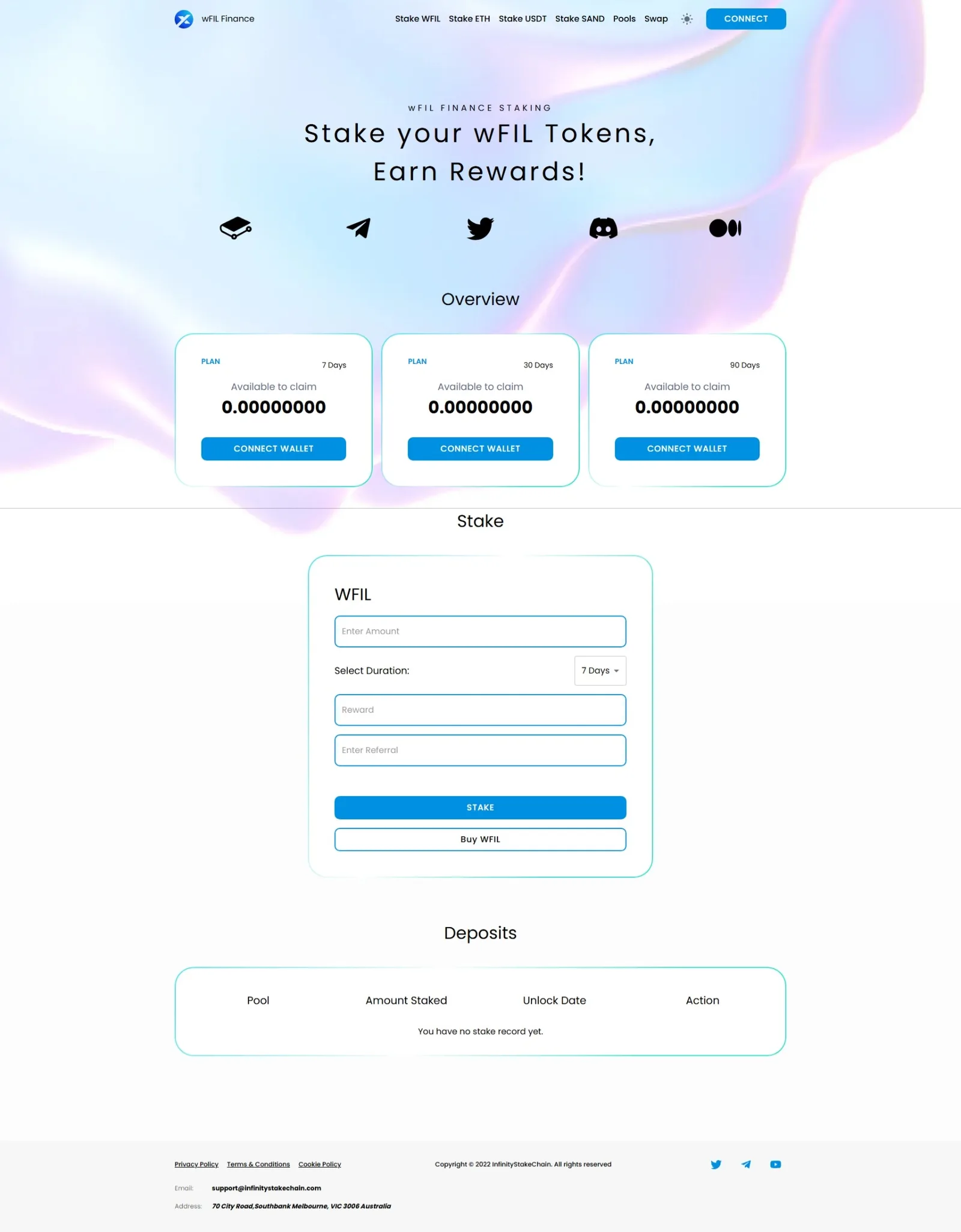 Staking page with 7, 30 and 90-day claim cards, a stake form for amount, duration and referral, and an empty deposits table