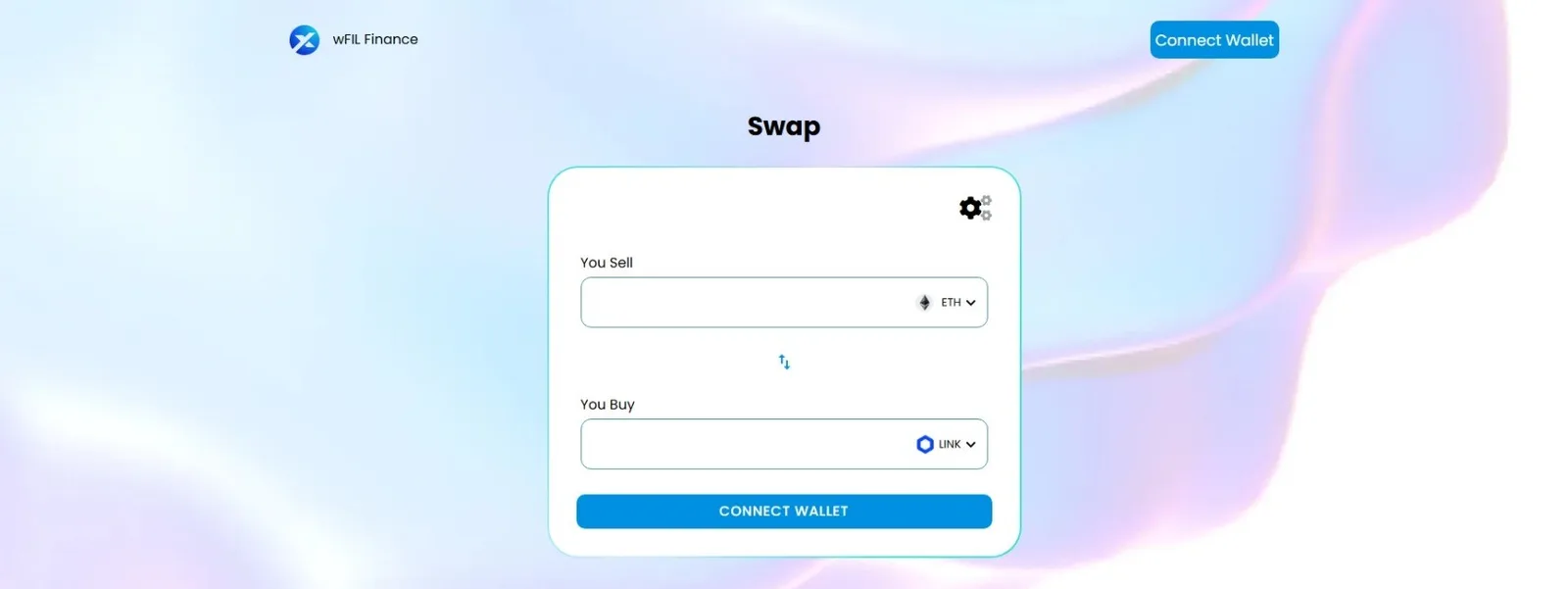 AMM swap panel with You Sell ETH and You Buy LINK token selectors, a settings gear icon and a blue Connect Wallet button
