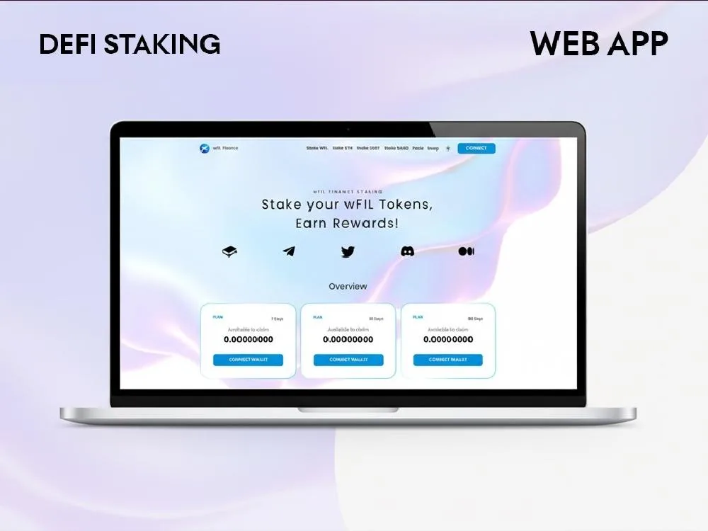 Laptop mockup on a lilac gradient showing a pastel staking dashboard, labelled DEFI STAKING and WEB APP